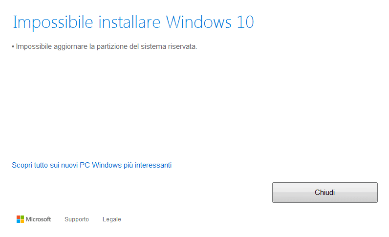 Impossibile installare Windows 10